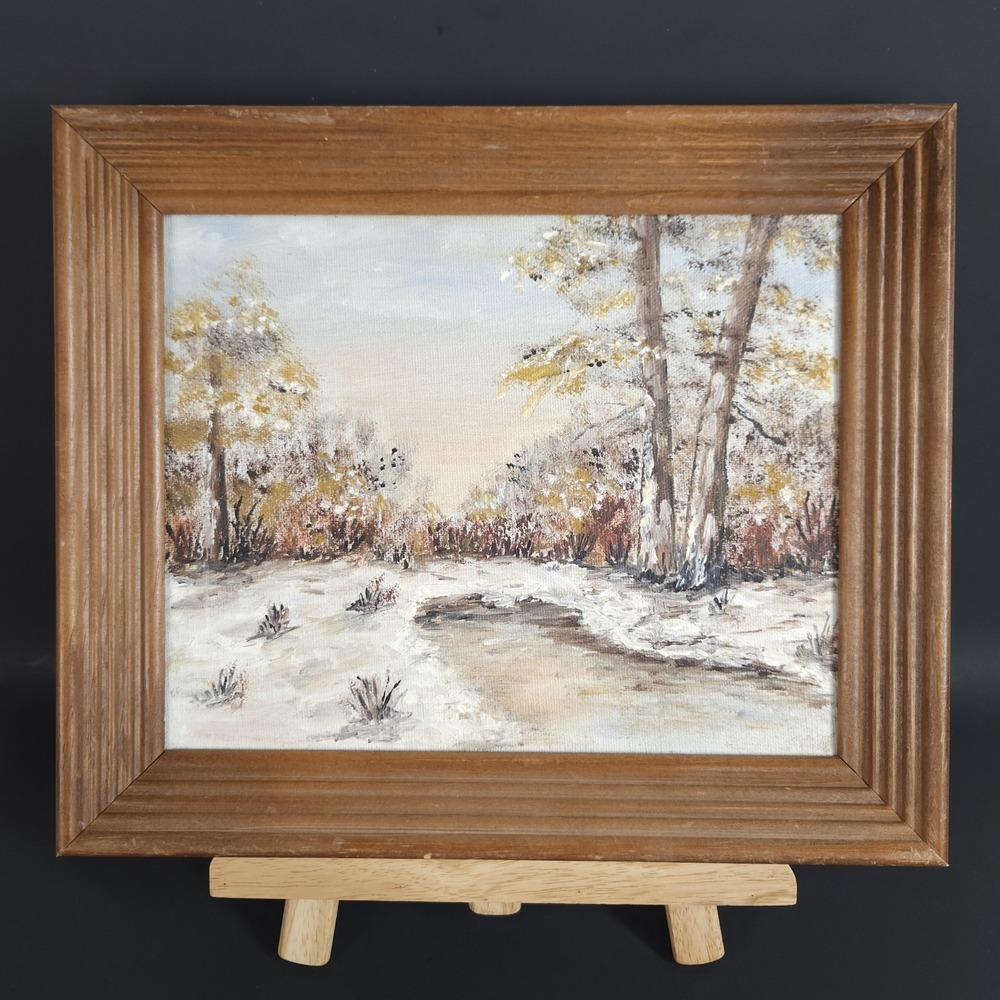 Oil Painting Snowy Autumn Winter Woodland Landscape Framed Rustic Cabin 12x10